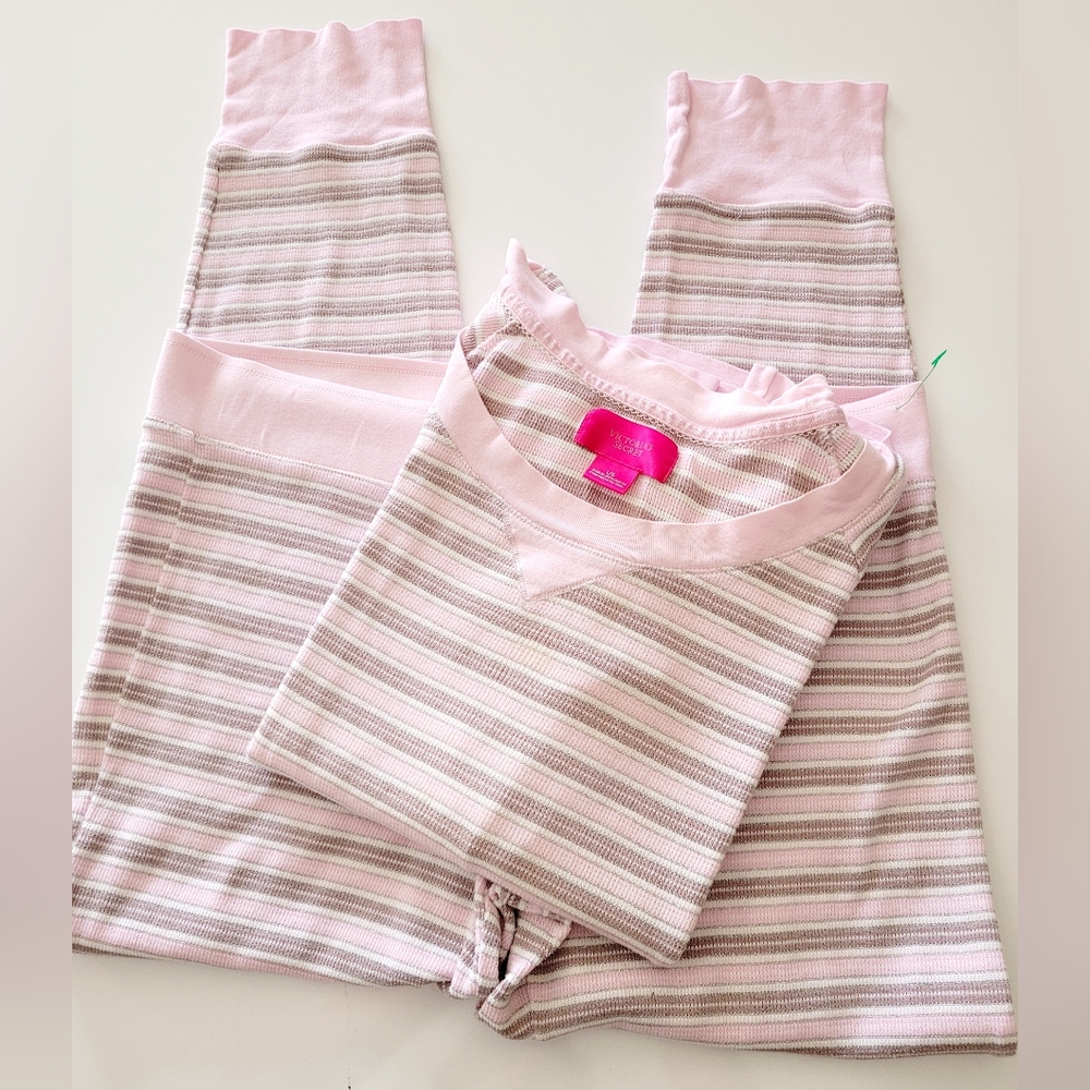 Victoria's Secret Thermal Stretch Cotton Striped Pink/Gray Women's Pajama Set L - Picture 11 of 16